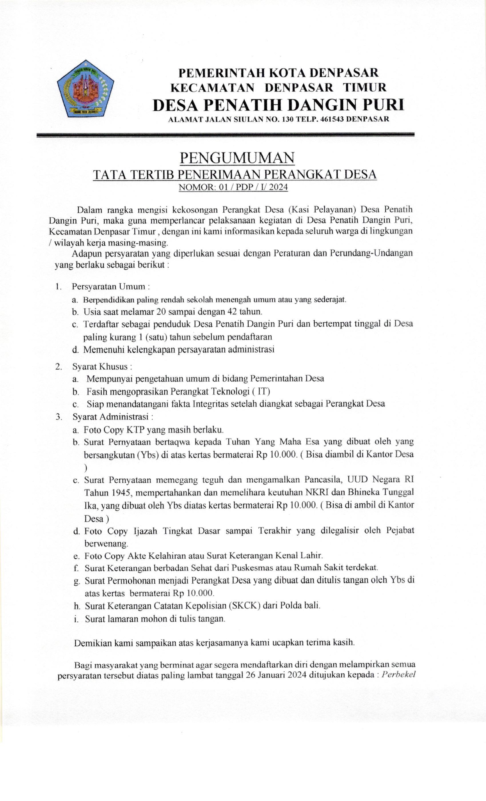 Pengumuman Tata Tertib Penerimaan Perangkat Desa