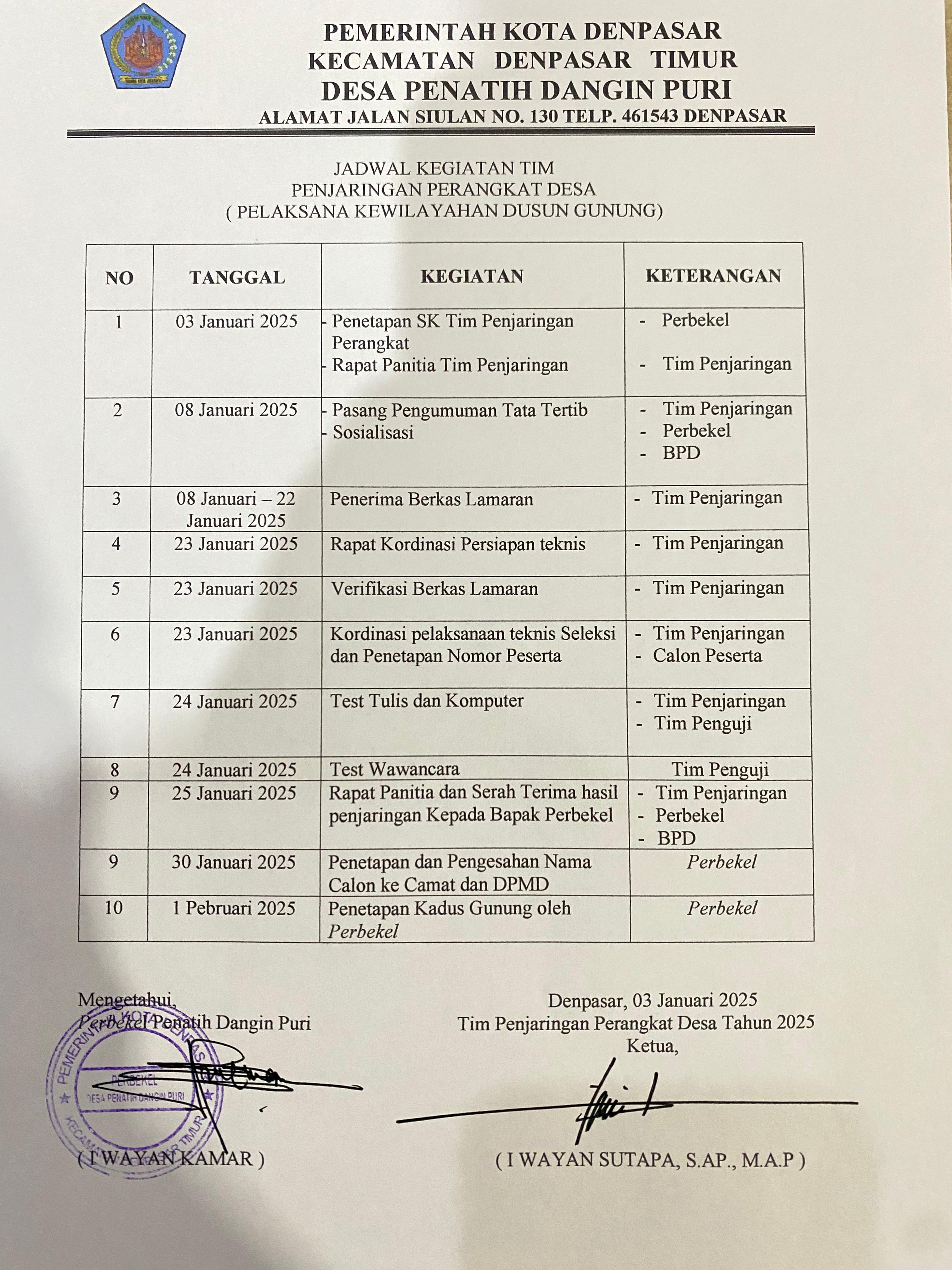 Dalam rangka mengisi kekosongan Perangkat Desa (Pelaksana Kewilayahan Dusun Gunung) Desa Penatih Dangin Puri