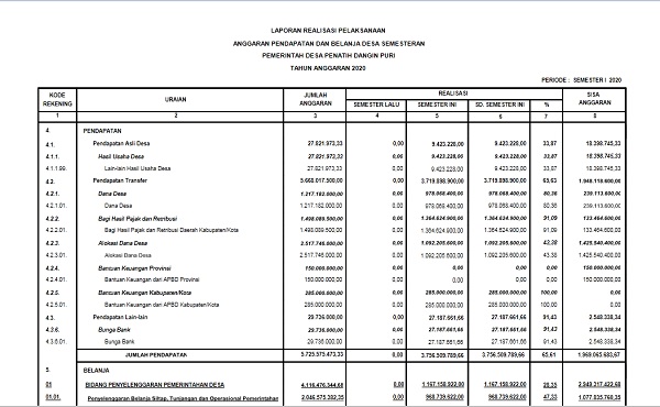 LAPORAN PERTANGGUNGJAWABAN APB DESA PENATIH DANGIN PURI SEMESTER I TAHUN 2020